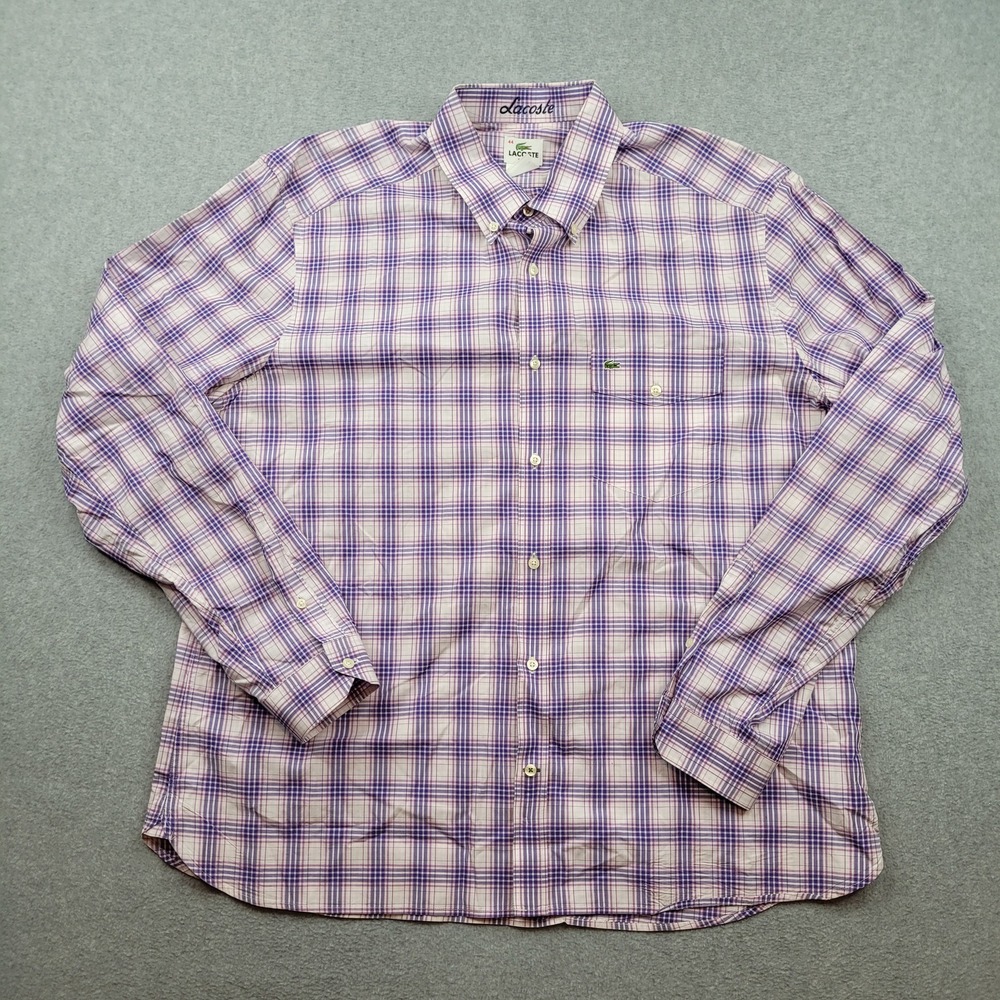Lacoste Button Down Shirt Mens Large Purple Plaid Slim Fit Long Sleeve Cotton